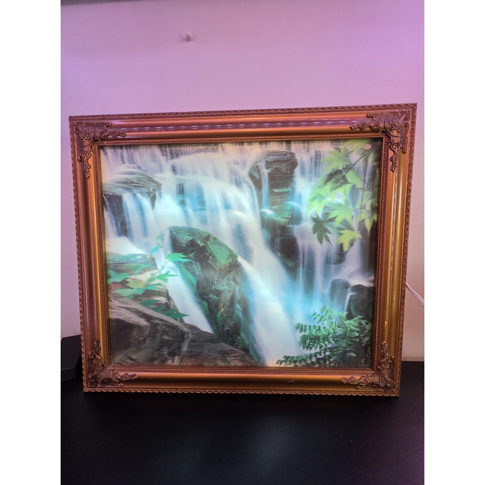 Vintage Framed Light Up Motion Waterfall Picture W/ Water & Bird Sounds 28"x24"